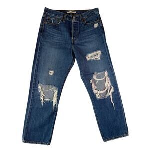 Levi's Wedgie Straight Distressed High Rise Jeans Women's Size 29 Dark Wash